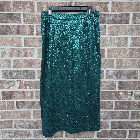 Anthropologie Maeve Alicia Sequined Midi Skirt Green Side Zip Slit Size M - Picture 5 of 6